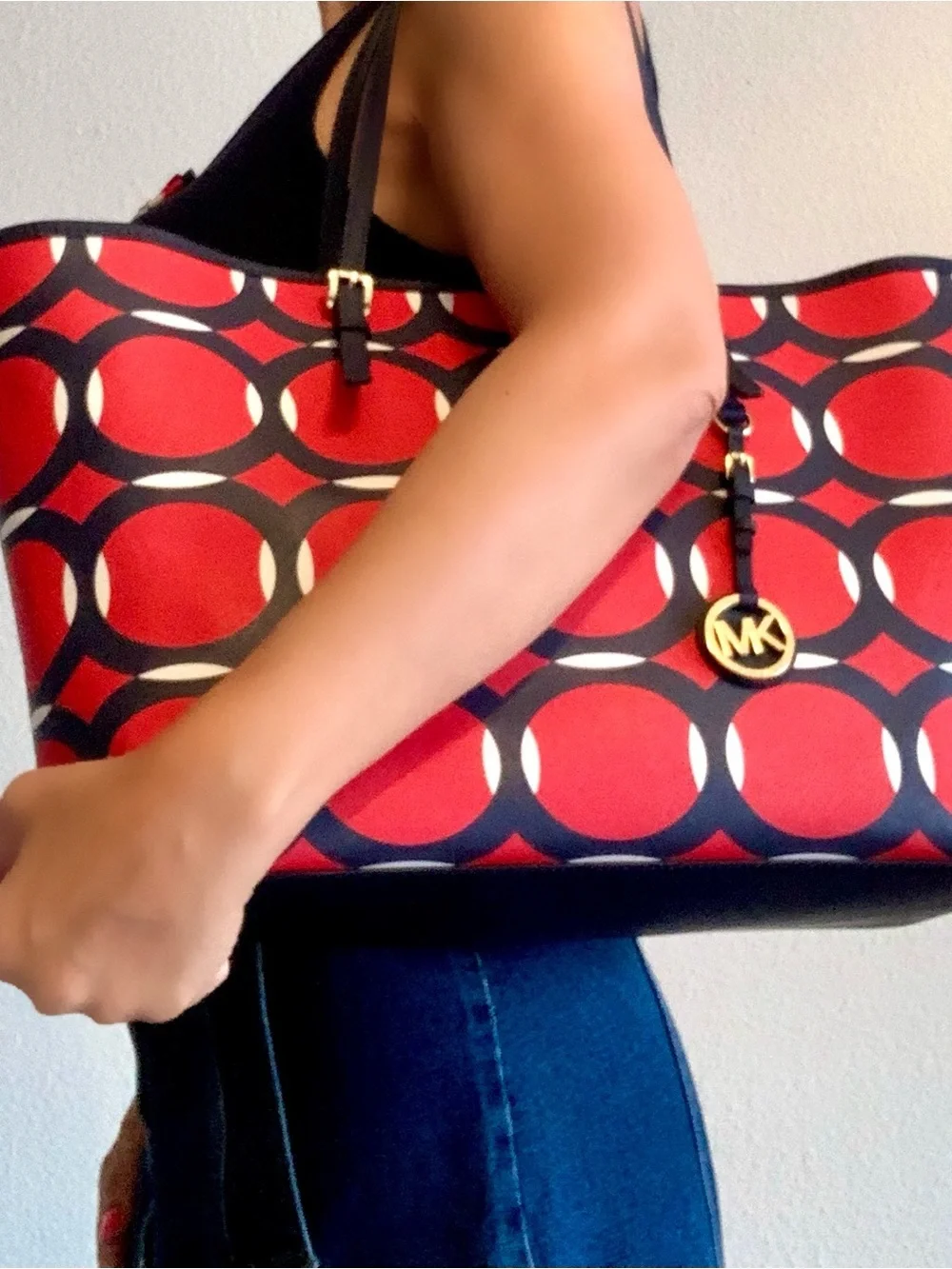 Michael Kors Red and Blue Circle-Print Tote with Gold MK Charm - Picture 6 of 16